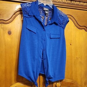 SPOT Royal Blue Button Down Shirt with Lace Shoulders